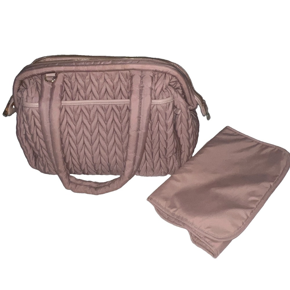 HAPP Brand Paige Carryall Diaper Bag Pink Quilted Herringbone Nylon Handbag Pad